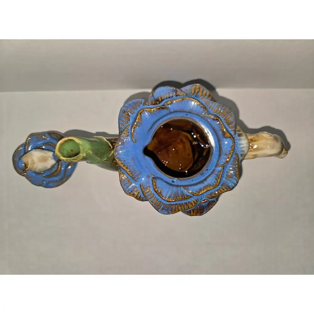 Majolica Style Cabbage Rose Bluebird Finial Ceramic Teapot Floral Decor